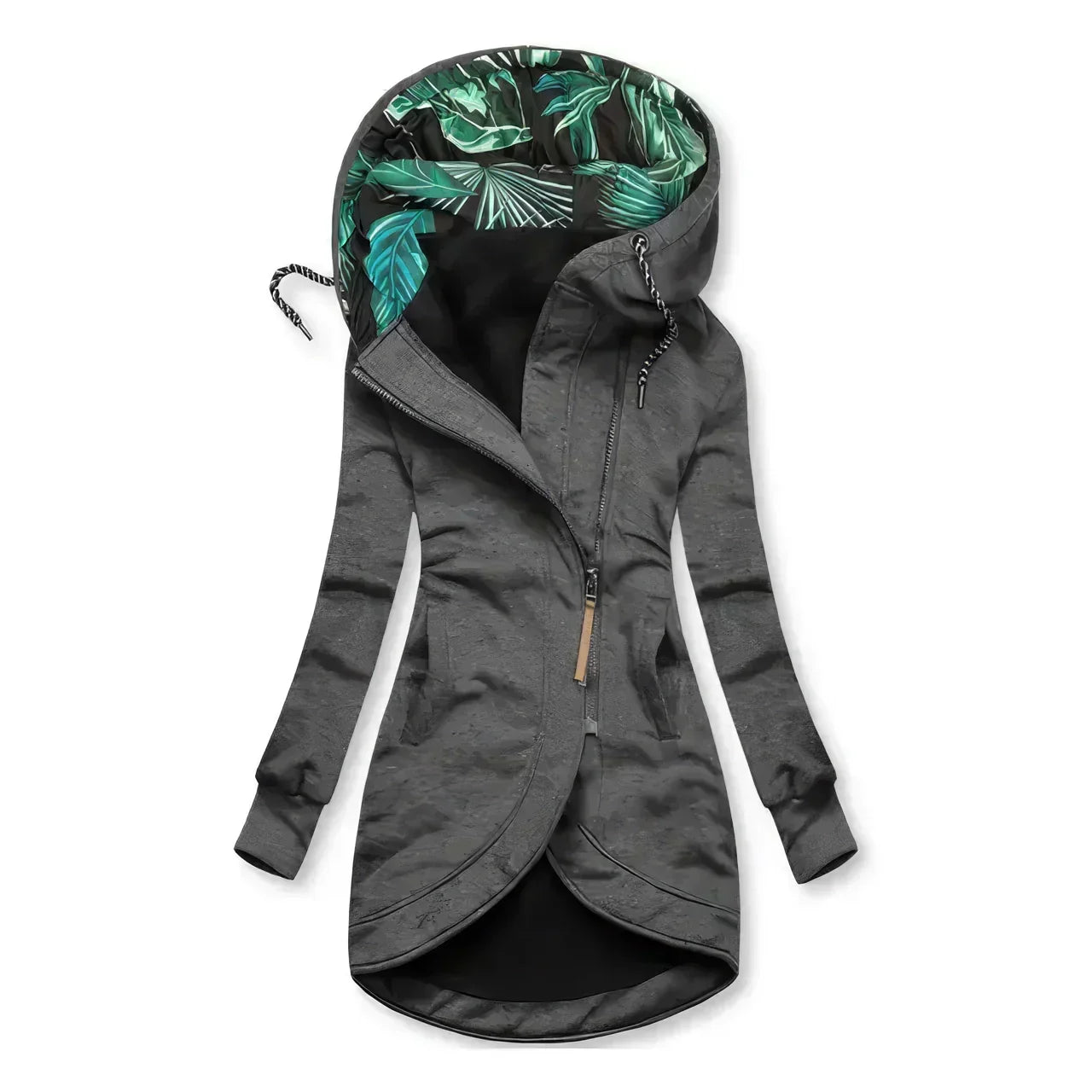 Damen Regenjacke winddicht asymmetrisch Kapuze Blätterprint – Bild 4