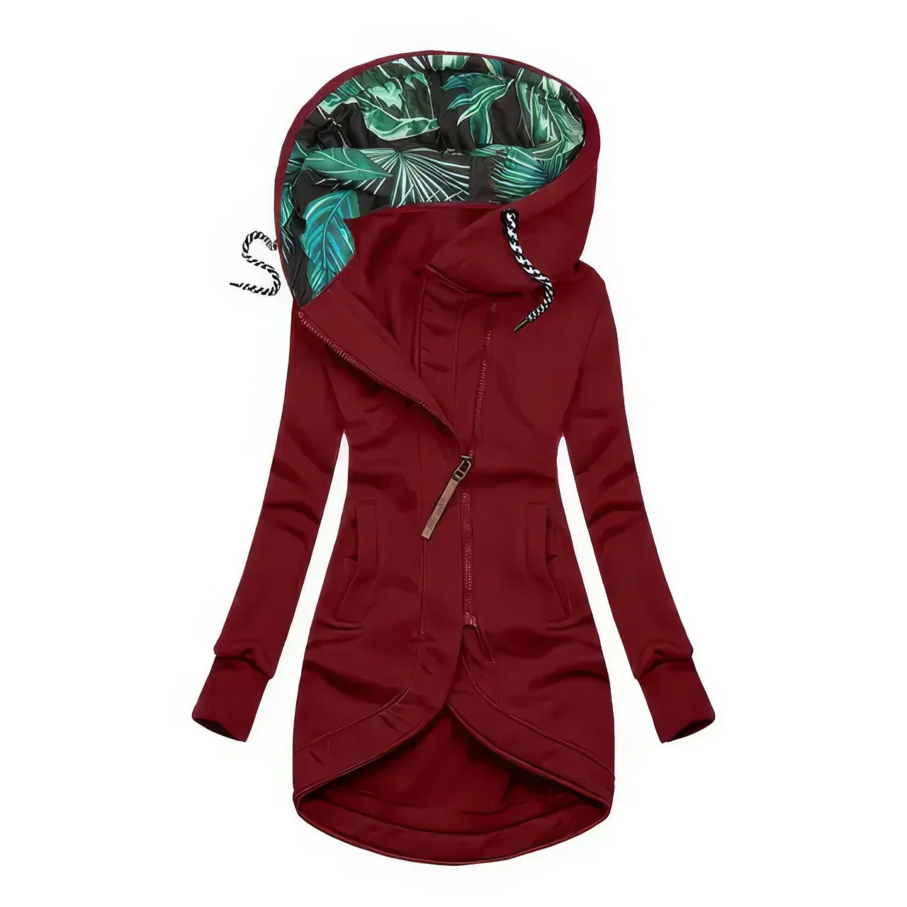Damen Regenjacke winddicht asymmetrisch Kapuze Blätterprint – Bild 3