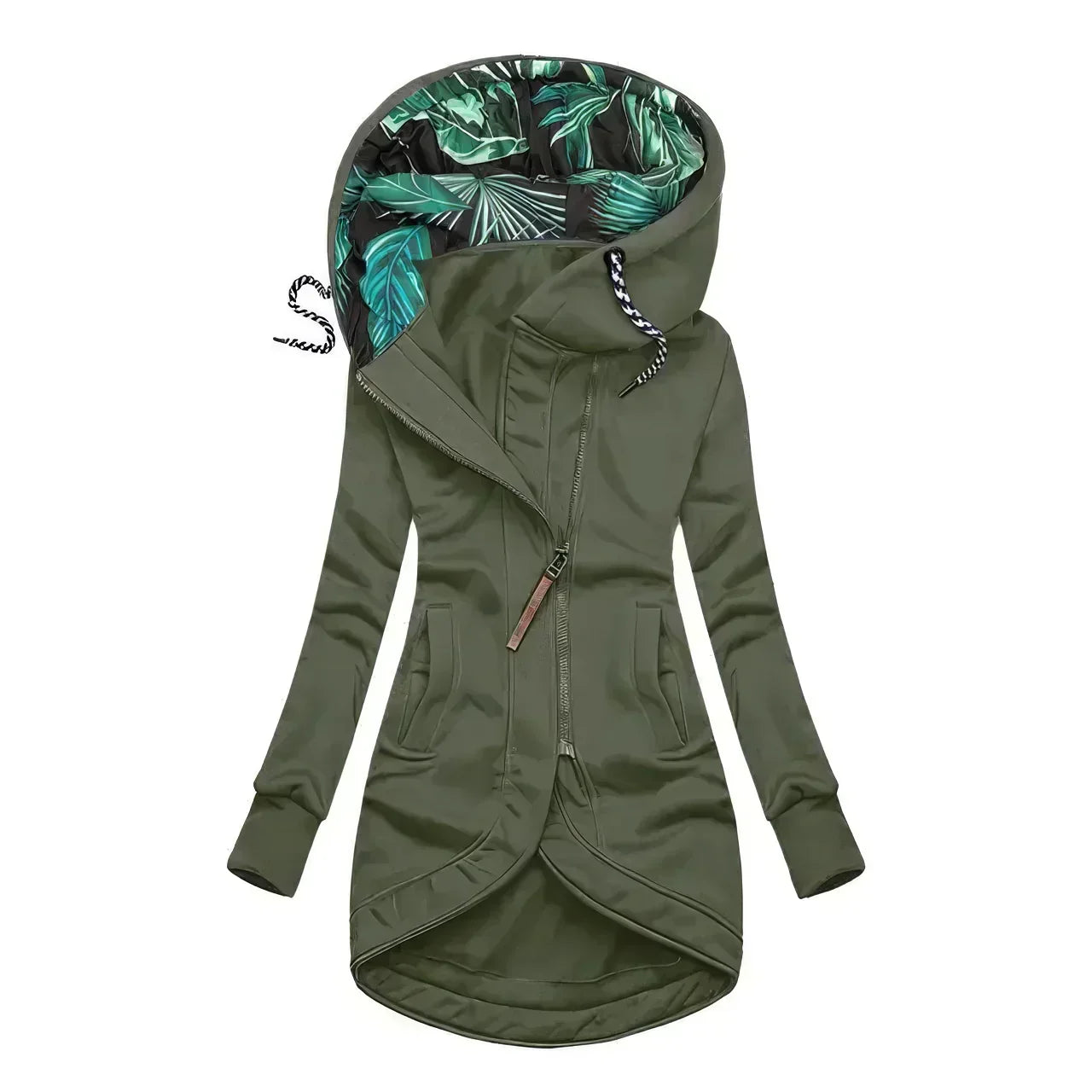 Damen Regenjacke winddicht asymmetrisch Kapuze Blätterprint – Bild 6