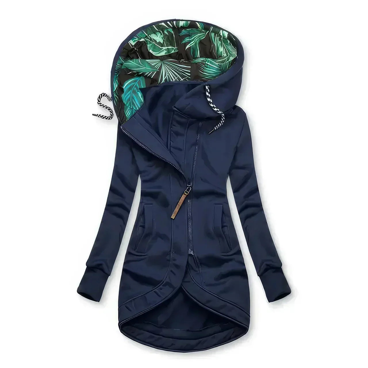 Damen Regenjacke winddicht asymmetrisch Kapuze Blätterprint – Bild 5