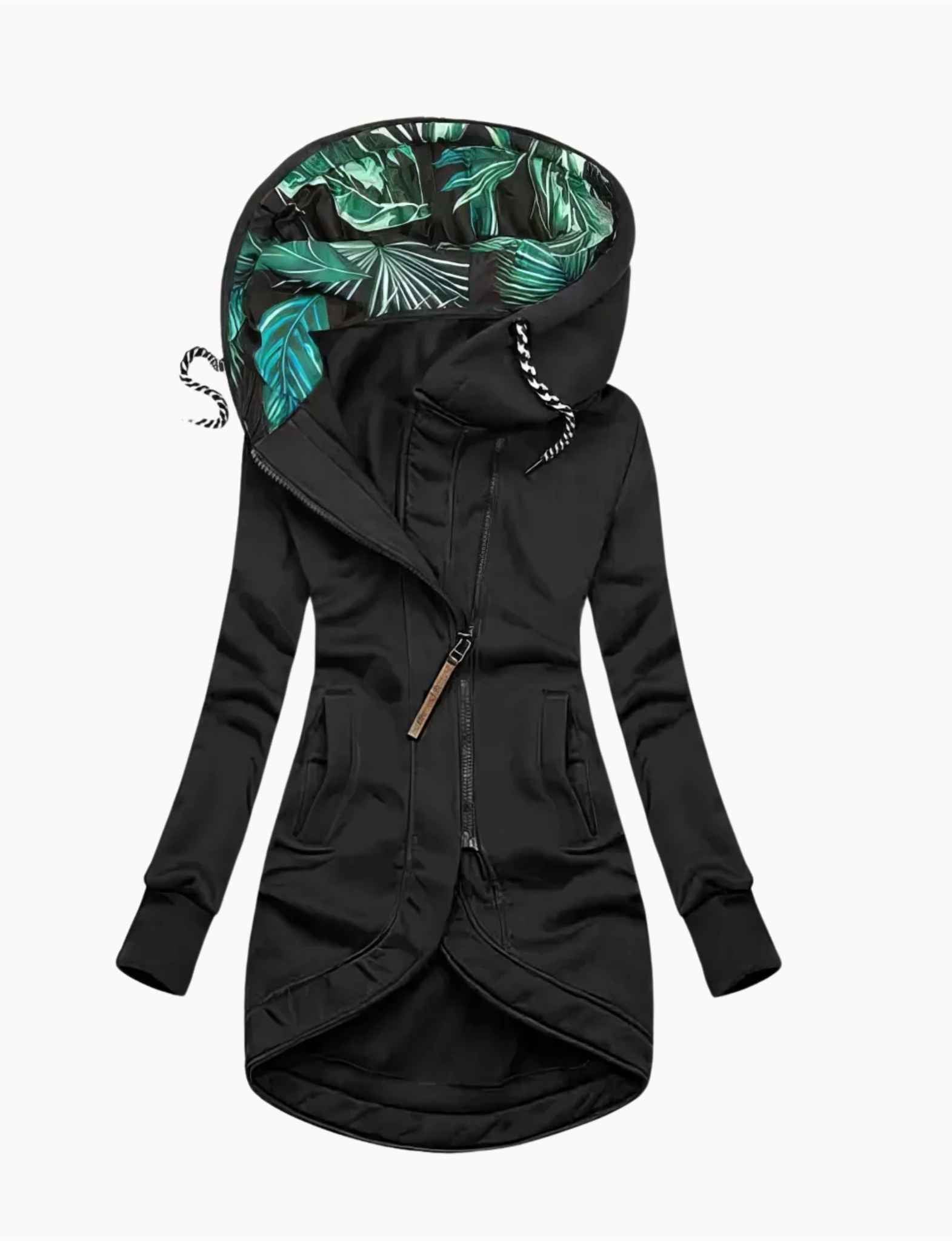 Damen Regenjacke winddicht asymmetrisch Kapuze Blätterprint