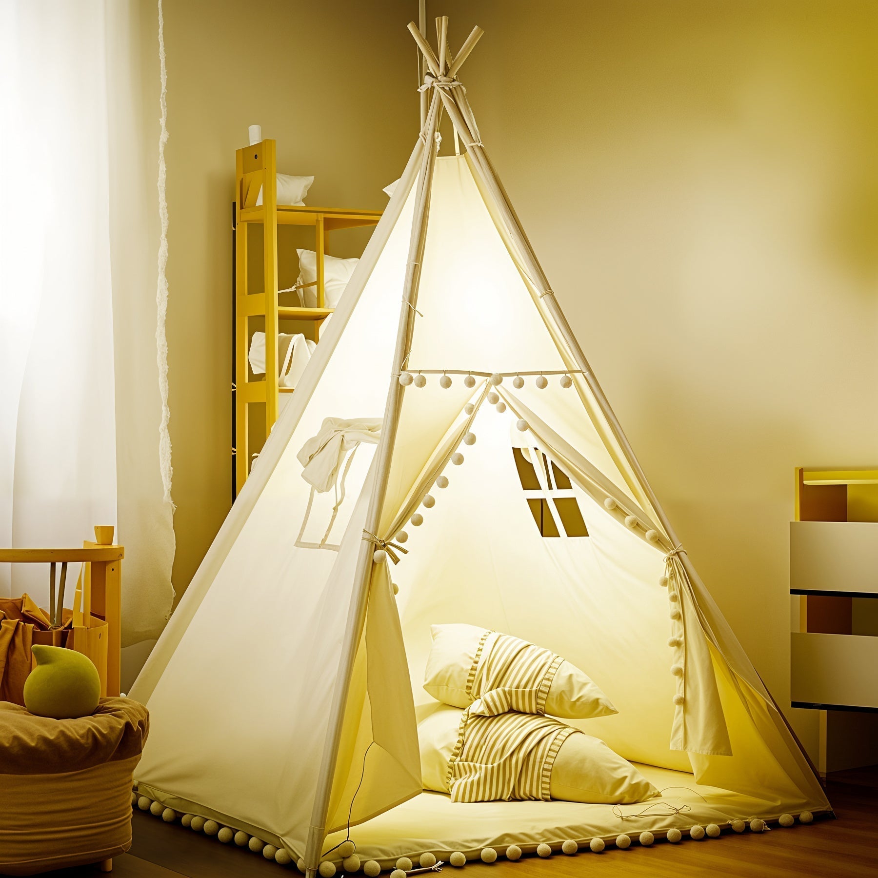 Tipi Zelt Kinder mit Seitenfenstern & Pompon-Besatz 1.1m – Bild 4