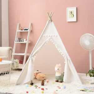 Tipi Zelt Kinder mit Seitenfenstern & Pompon-Besatz 1.1m
