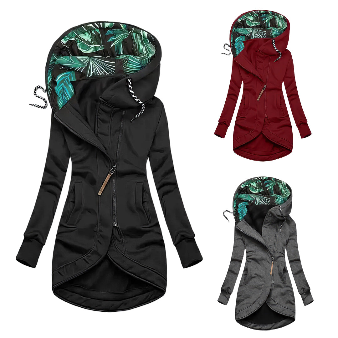 Damen Regenjacke winddicht asymmetrisch Kapuze Blätterprint – Bild 8