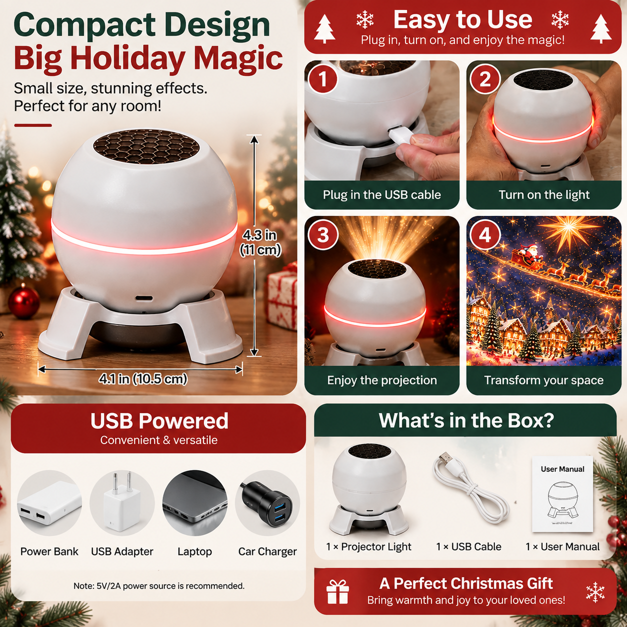 Weihnachtsprojektor mit beweglichen Motiven USB kompakt – Bild 7