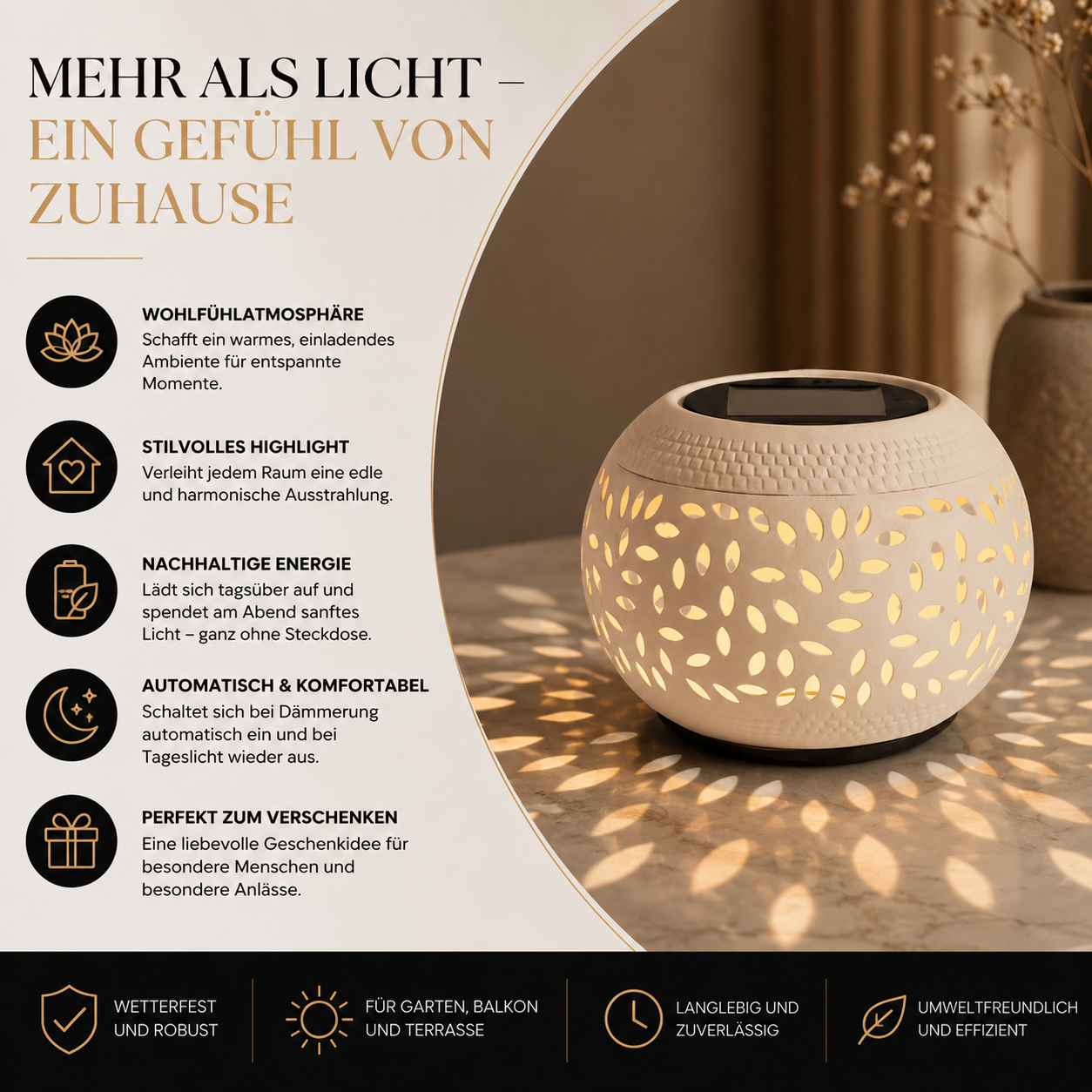 Tischlampe Solar LED für Garten & Balkon Schwarz Weiß – Bild 3