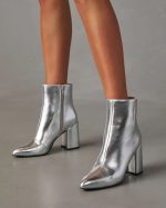 Damen Stiefeletten Silber 7 cm Blockabsatz spitz zulaufend