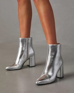 Damen Stiefeletten Silber 7 cm Blockabsatz spitz zulaufend
