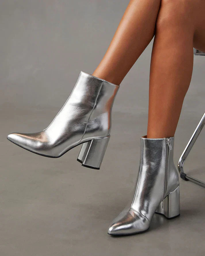Damen Stiefeletten Silber 7 cm Blockabsatz spitz zulaufend – Bild 3