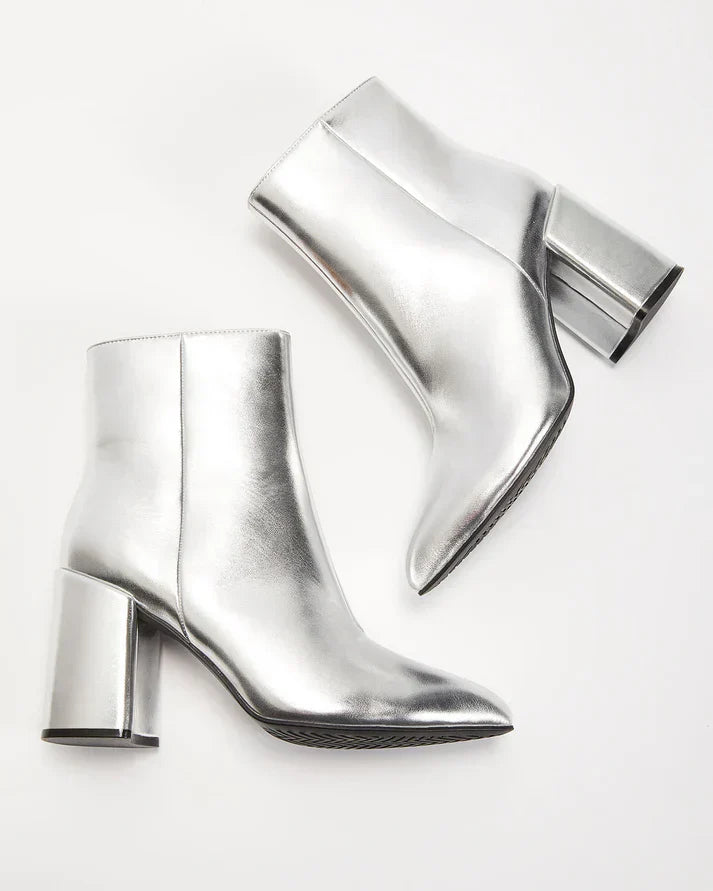 Damen Stiefeletten Silber 7 cm Blockabsatz spitz zulaufend – Bild 6