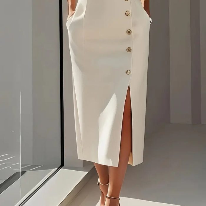 Midi-Dress-with-Button-Detail-and-Side-Slit-Elegant-Fit-3